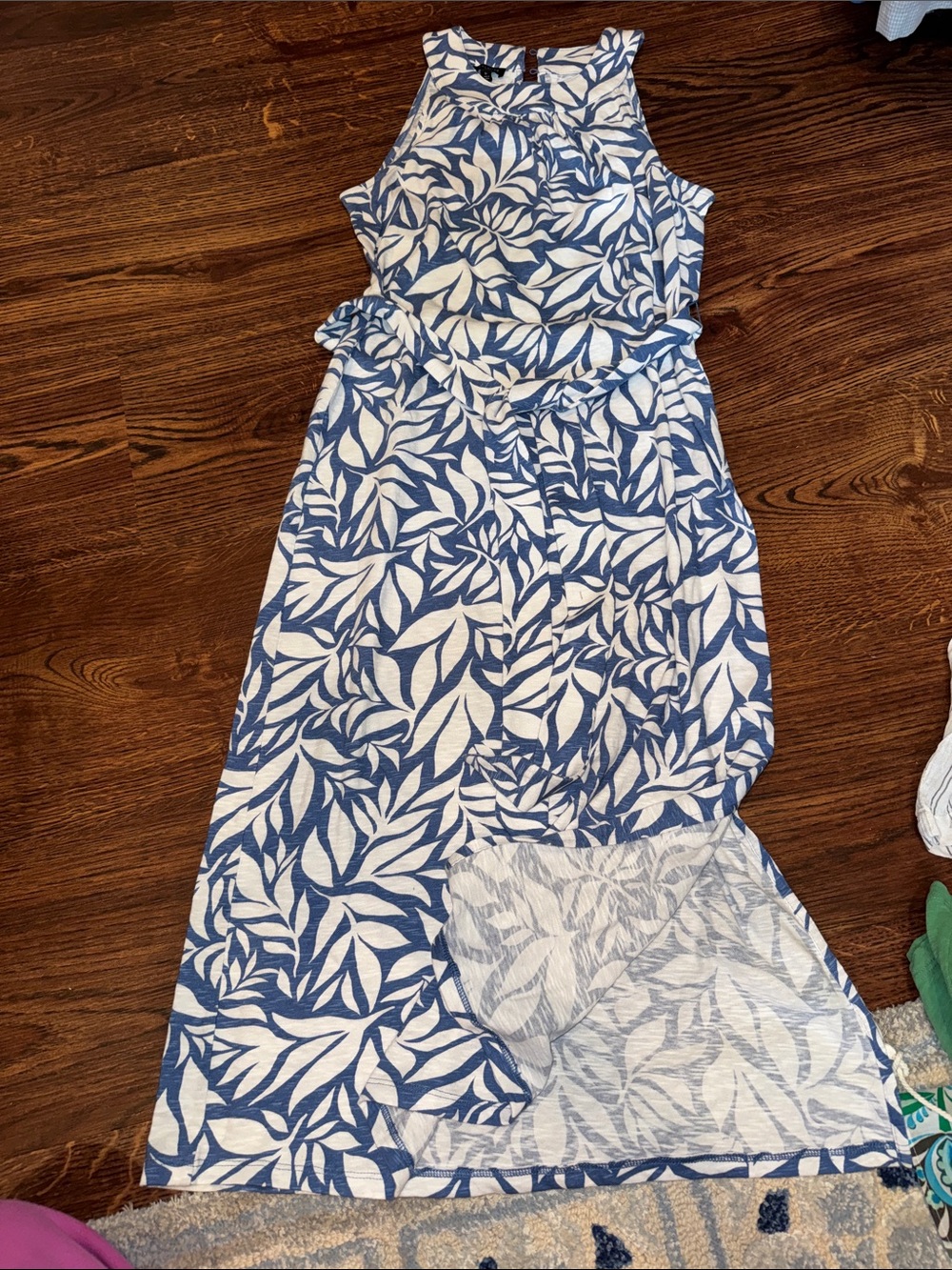 Talbots Blue and White Leaf-Print Maxi Dress